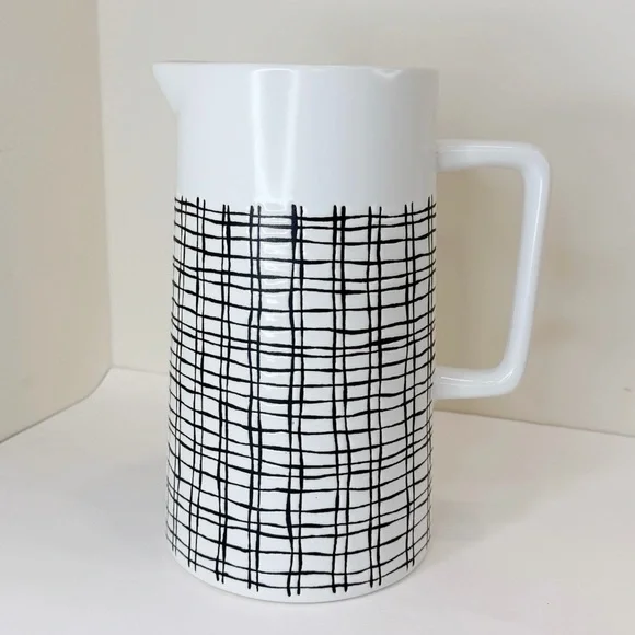 Pier 1 Imports Retired Ceramic Pitcher MCM Retro Off White Black Cross Hatch - Picture 1 of 10